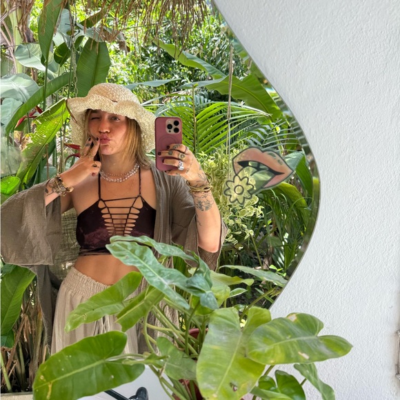 Slit Weave Strappy Brown Purple Green Halter Open Back Deep V Plush Cotton Top - Picture 3 of 8